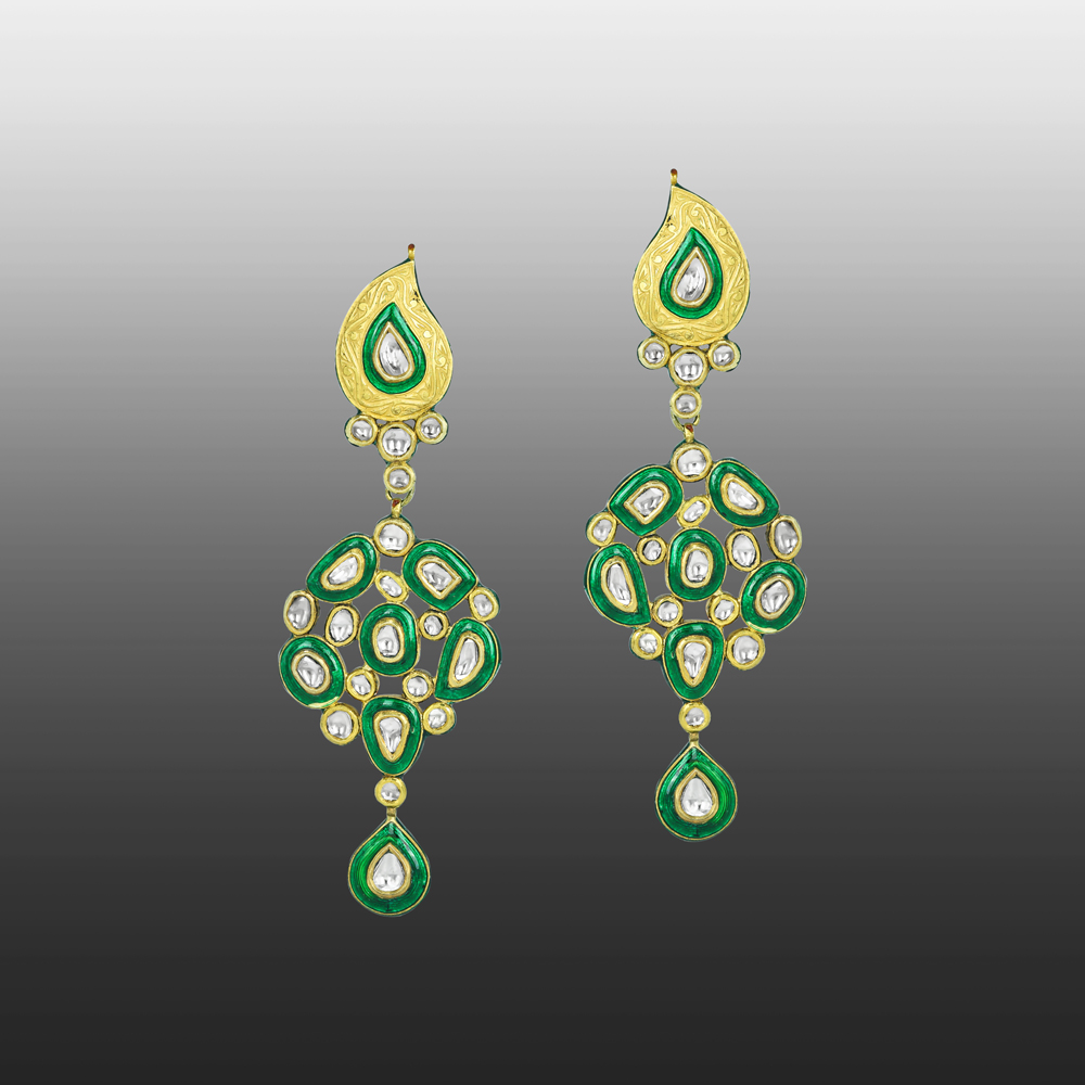 Cascading Polki Earrings with Green Enamel and Teardrops